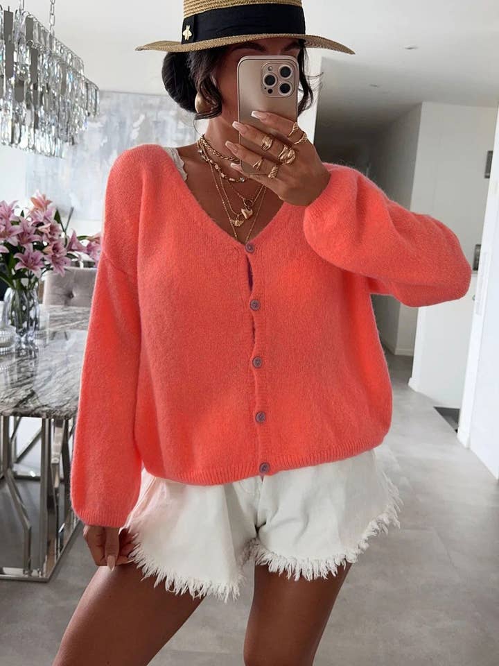 Rebecca Long Sleeves Light Knitted Cardigan-Coral for wholesale by Catwalk Wholesale