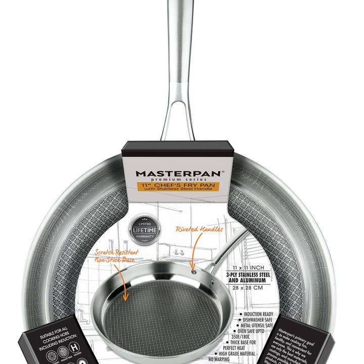 POÊLE À FRIRE ET POÊLE À 3 PLIS EN ACIER INOXYDABLE ET ALUMINIUM RÉSISTANT AUX RAYURES, 11 » pour la vente par Masterpan Inc.