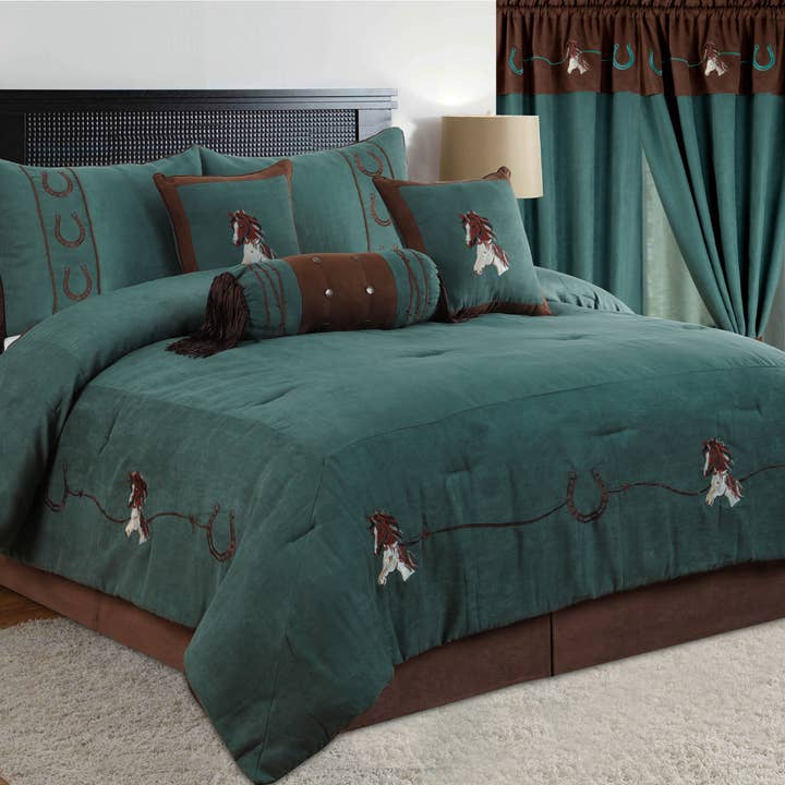 Western Linens - Wholesale Bedding Set - 7pc Rustic Turquoise Horse Comforter Set
