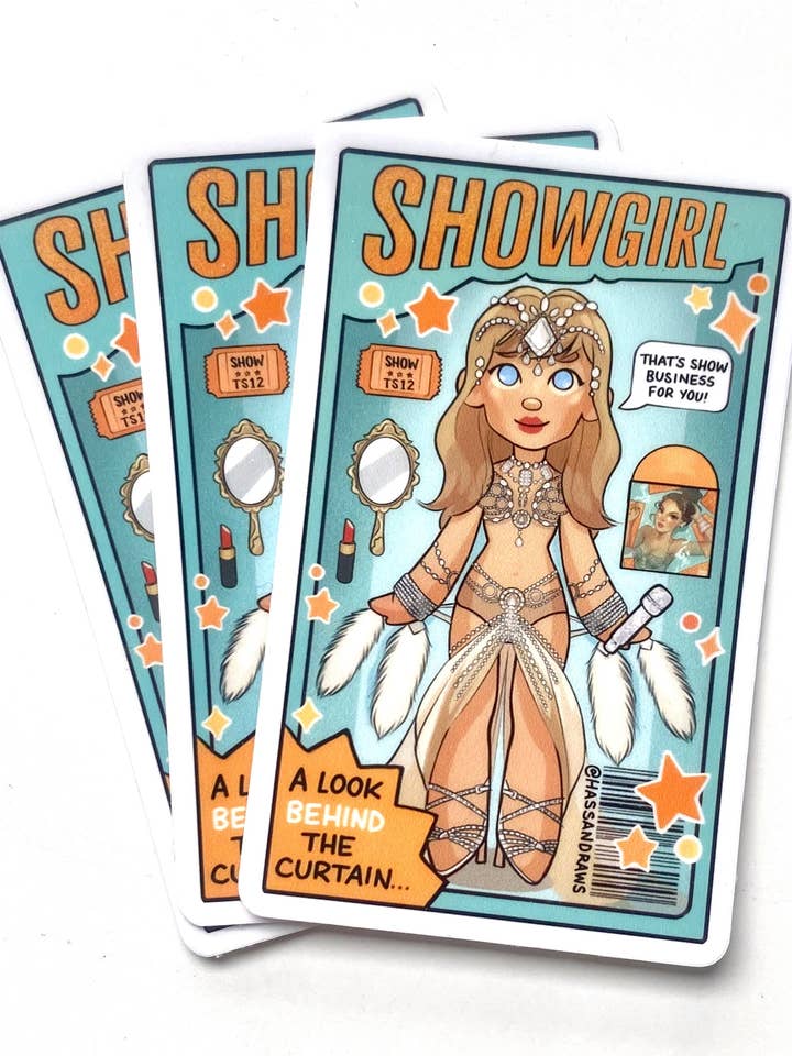 Taylor Eras Showgirl-inspireret Dukke Tegning Klistermærke Kunst for engroshandel hos Hassan Draws
