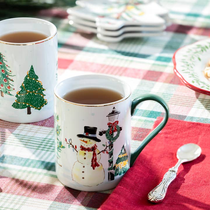 Jolly Snowman 11oz Fine Porcelain Mug with Green Handle for wholesale by Grace Teaware