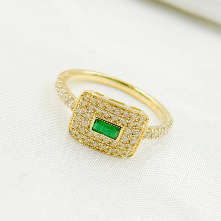 14K Solid Yellow Gold Diamond and Emerald Rectangle Ring. RN413054EM for wholesale by Tresor Jewelry Inc.