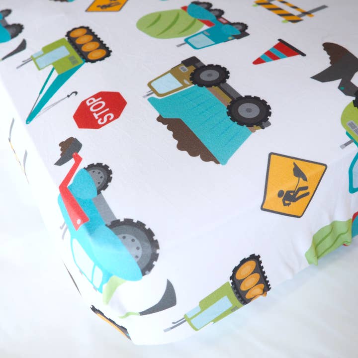 Honey Lemonade - Wholesale Cot/Crib Sheets - Standard Size Fitted Crib Sheet - Construction Trucks