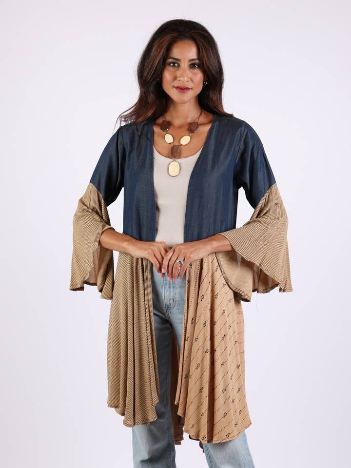 Bell Sleeve Denim & Beige Cardigan (Sun Drift Sepia) for wholesale by Sacred Threads
