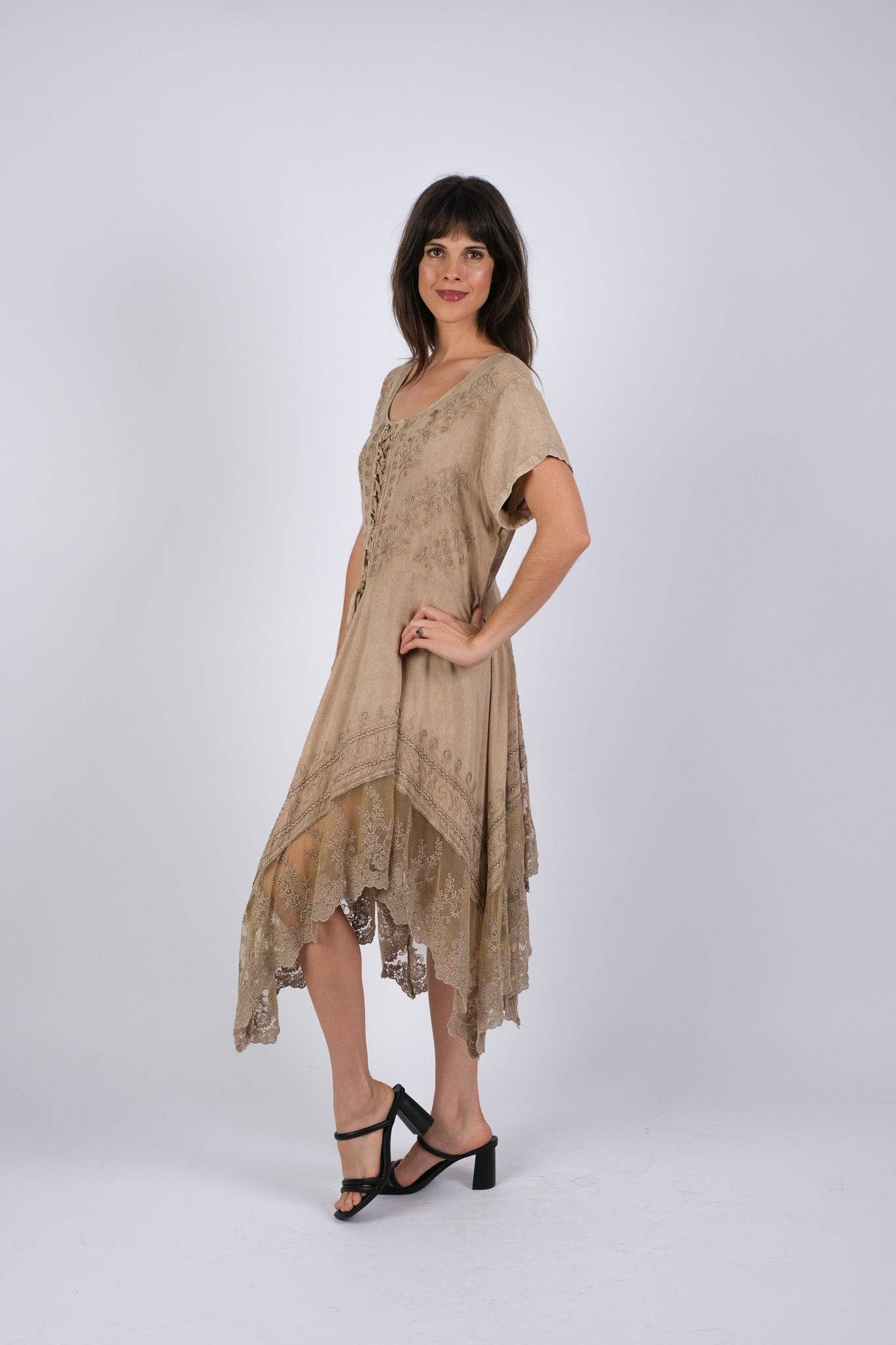 Sacred Threads - Wholesale Dress - Women's - Embroidered Artisan Camel Dress with Lace5
