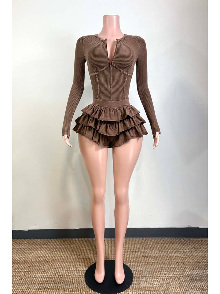 Dalia Studio - Wholesale Romper - Women's - MINERAL WASH ZIP UP TIERED BOTTOM ROMPER1