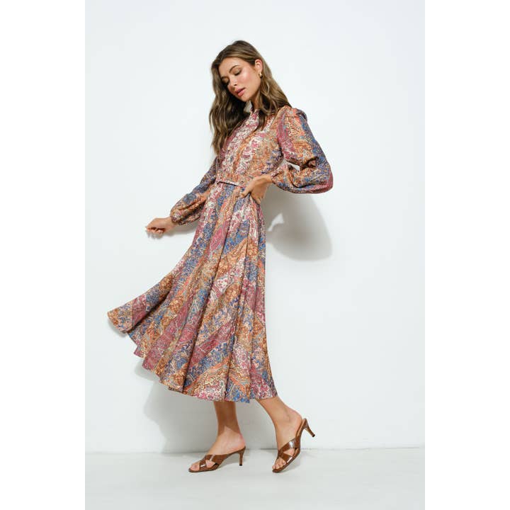 BROWN MULTI Long Sleeves Paisley Print Belted-Waist Midi Dress for wholesale on Faire