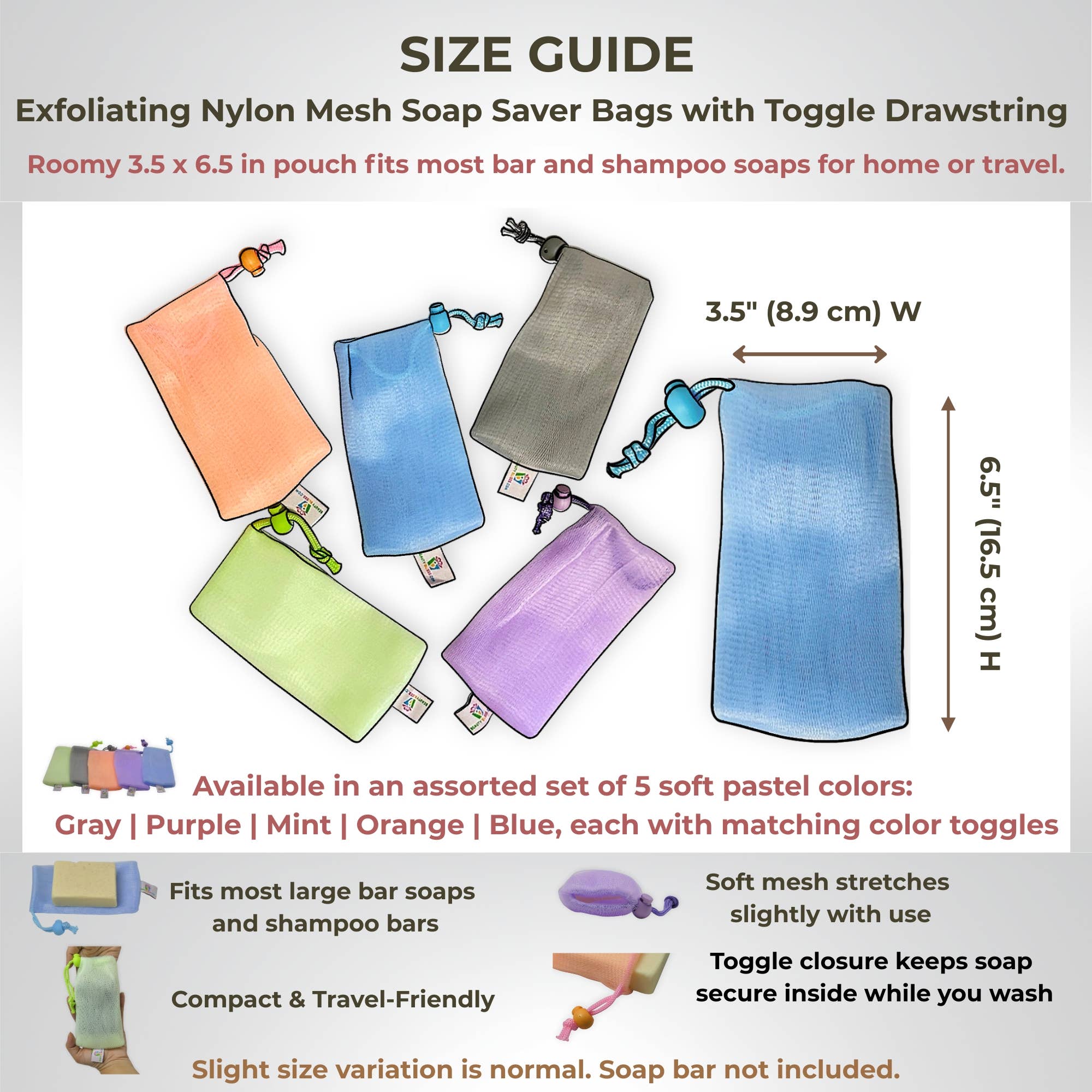 Beauty Blisss - Wholesale Soap Pouch/Sack/Bag - Nylon Mesh Soap Saver Bags with Toggle, 5 and 10 Pack Sets3