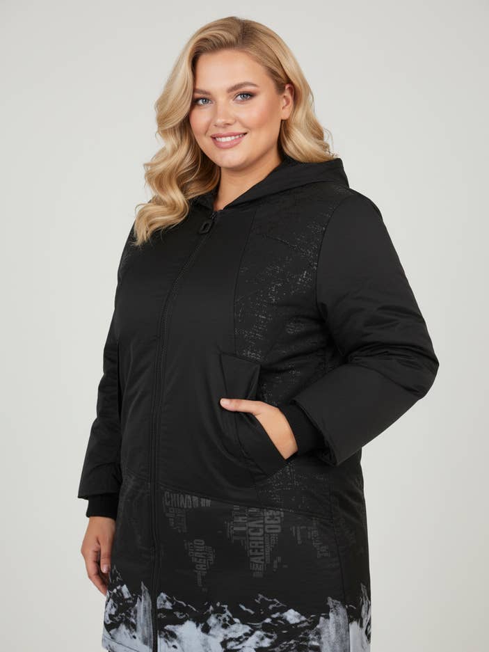 Stor quiltet frakke med print (C6622) for engroshandel hos Pomme Rouge Paris