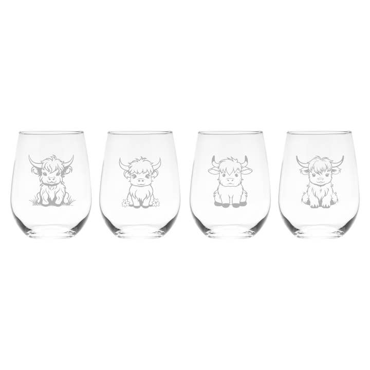 Lot de 4 verres à vin sans pied à motif vache des Highlands pour la vente par C&M Personal Gifts