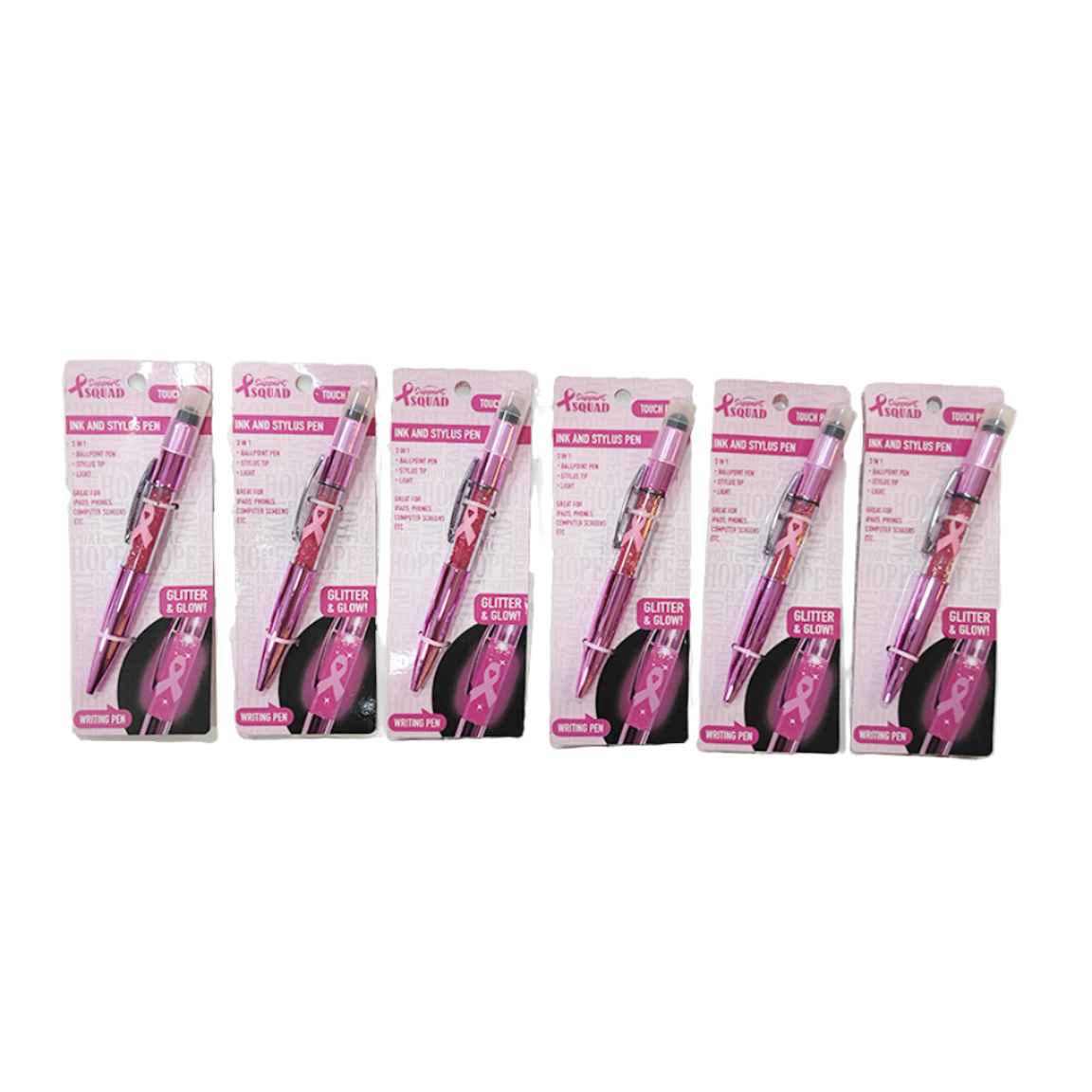 Novelty Closeout - Wholesale Pen - Glitter Pen with Stylus PINK BC Awareness Theme- 6/Pack0