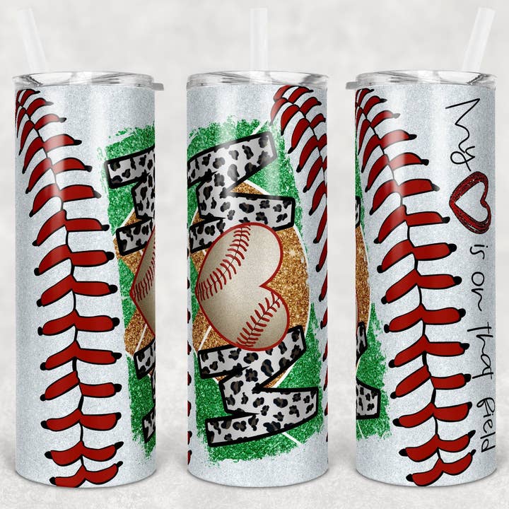 Baseball Mom Tumbler | 20 oz Skinny Tumbler | Stainless Steel | UV Printed | Heart on The Field for wholesale by The Sign Factory TX