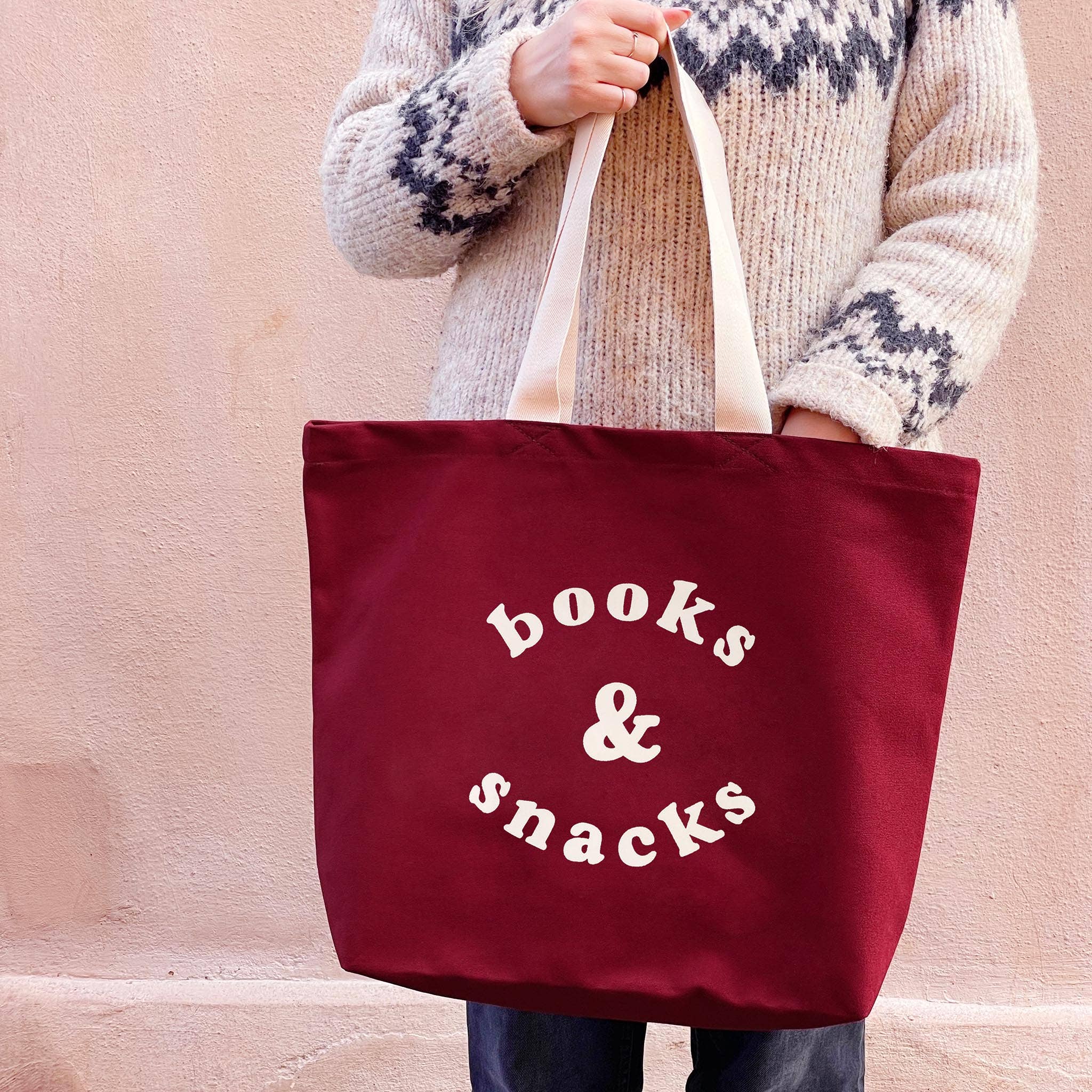 Alphabet Bags – wholesale Tote bag – Women's – Books & Snacks - Burgundy Canvas Tote Bag3