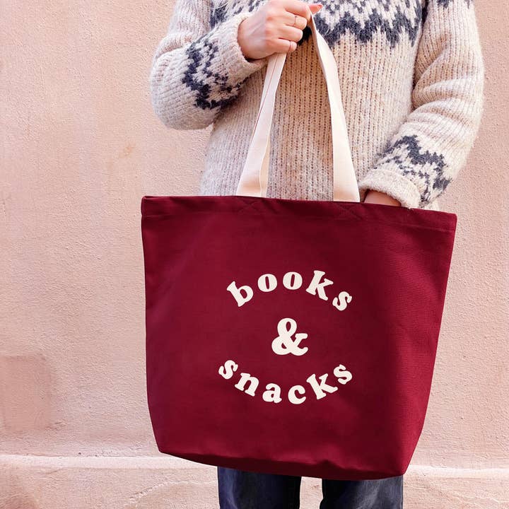 Alphabet Bags – wholesale Tote bag – Women's – Books & Snacks - Burgundy Canvas Tote Bag3