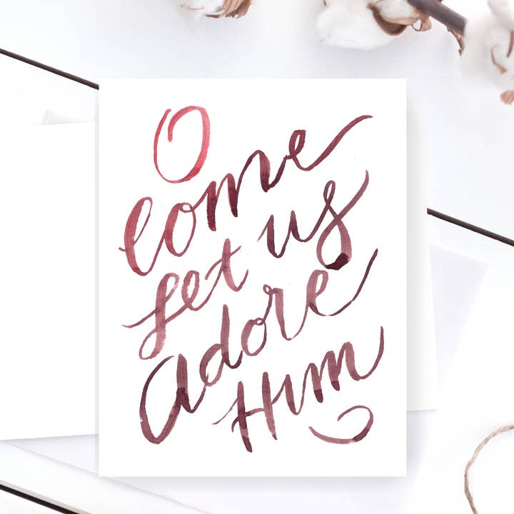 O come let us adore Him hand-lettered Christmas card for wholesale by Rural Girl Studio