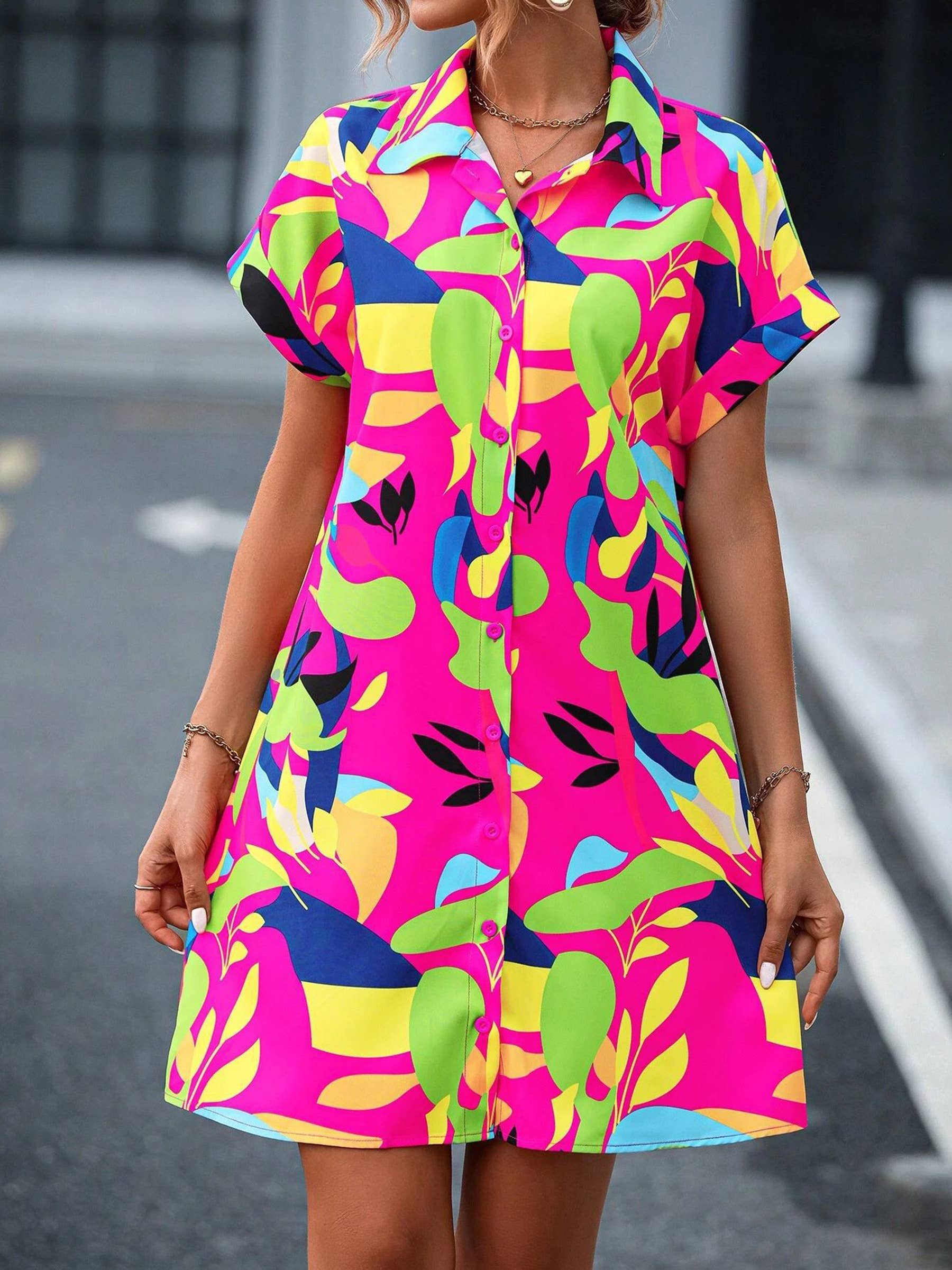 Wholesalesir - Wholesale Dress - Women's - Colorful Floral Cardigan Short Sleeved Lining Dress2