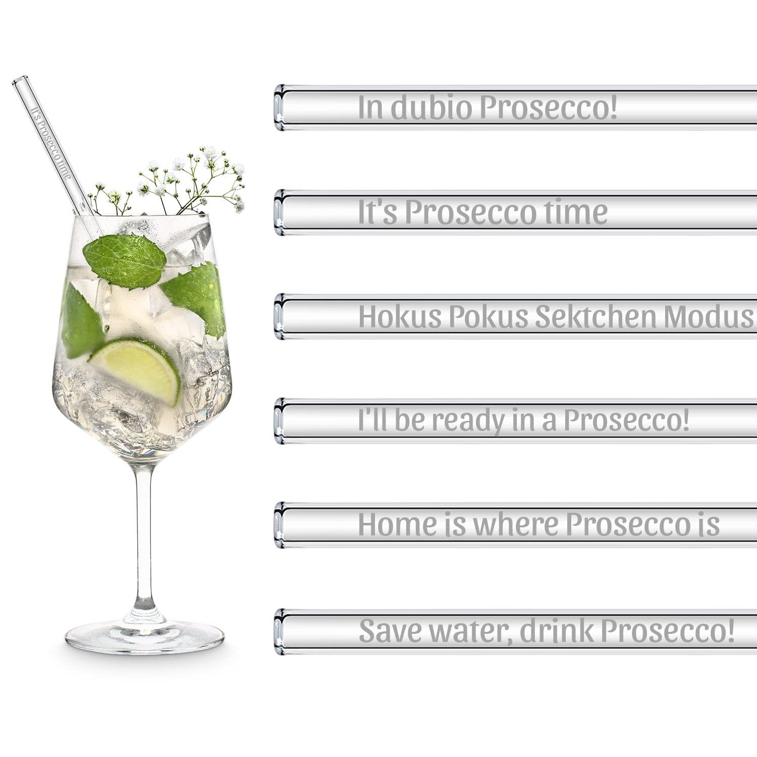 HALM Straws - Wholesale Drinking Straw - Prosecco sayings engraved glass straws with 6 fun sparkling wine toasts0