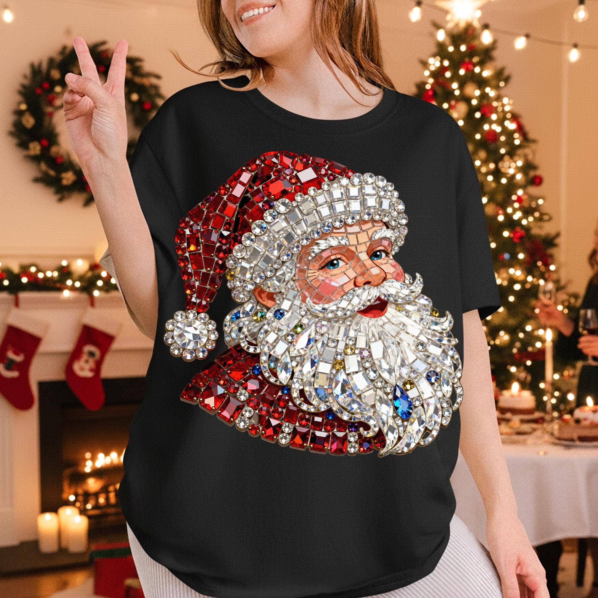 DLT Ecommerce - Wholesale T-Shirt (Graphic) - Women's - Faux Rhinestone Santa Shirt, Bling Christmas Sweatshirt3