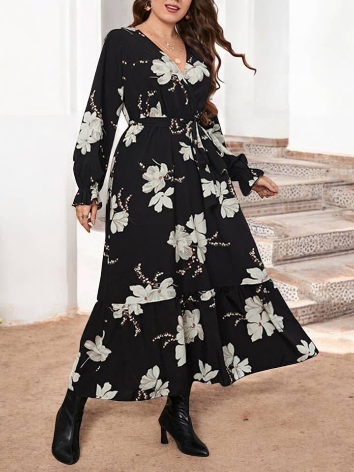 Plus Size White Tulip Print Flowy Black Maxi Dress for wholesale by Anna Kaci Wholesale