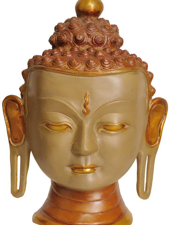 Masque mural en laiton du Seigneur Bouddha de 12 po | Statue de Bouddha pour la vente par Exotic India Art