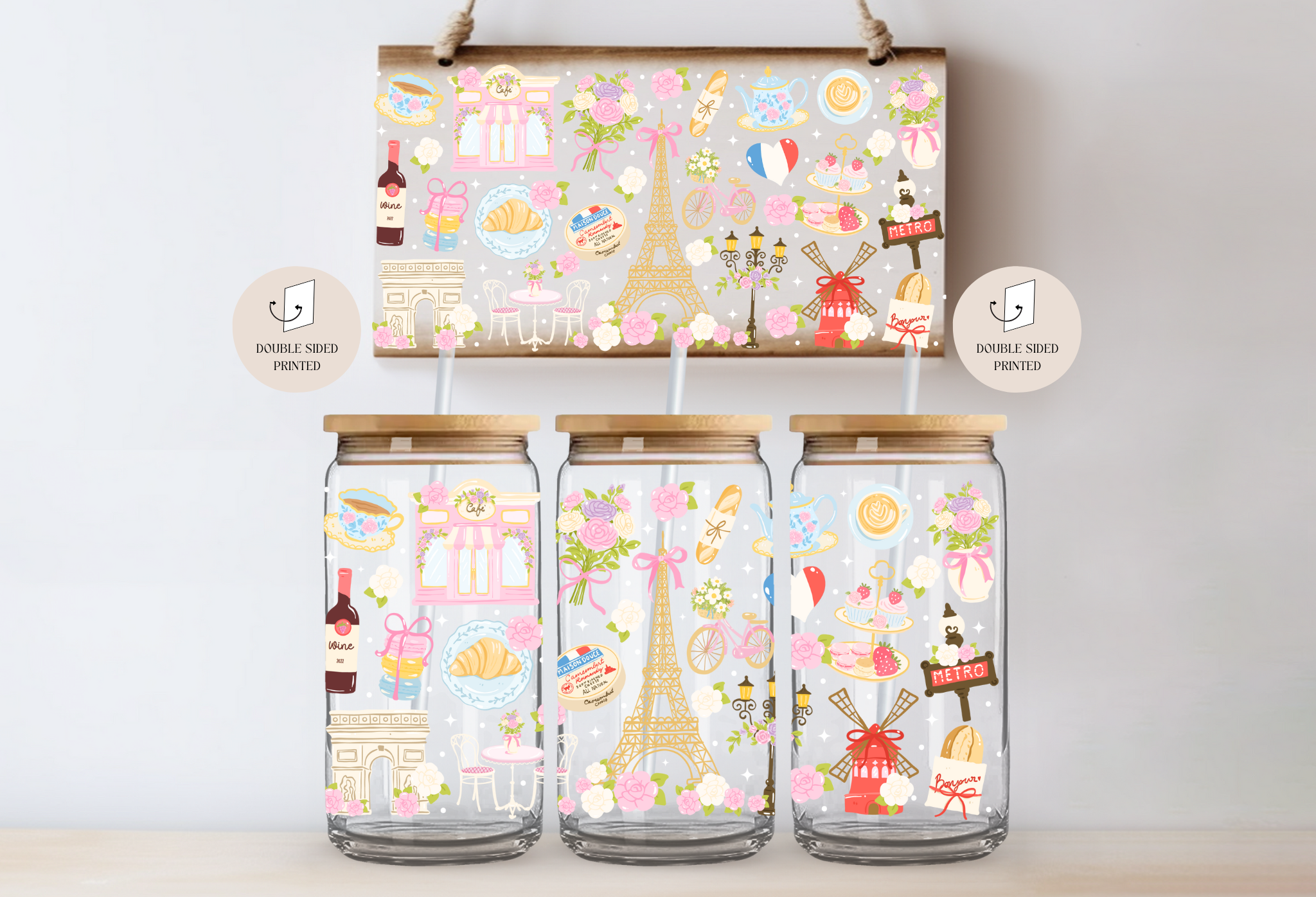 the cute cloud - Wholesale Drinking Glass/Cup - Paris France Love City Double Sided Glass Cup + Lid & Straw1