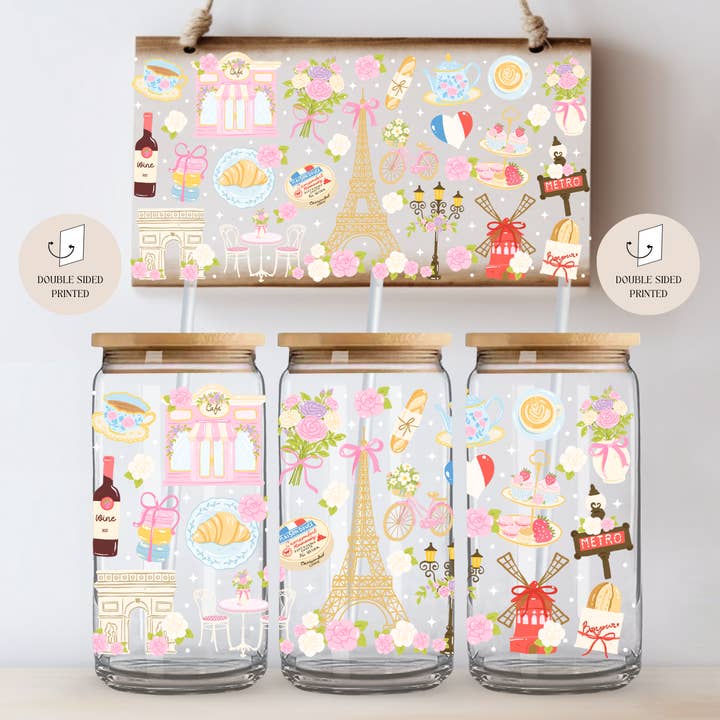 the cute cloud - Wholesale Drinking Glass/Cup - Paris France Love City Double Sided Glass Cup + Lid & Straw1