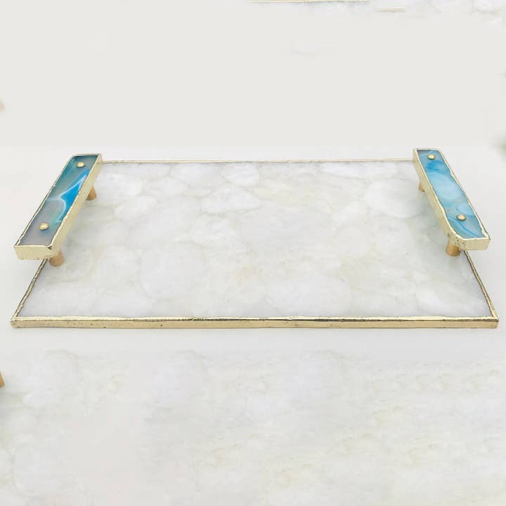 The Tangerine Store - Wholesale Serving tray - White Crystal Agate Plated Serving Tray With Blue Agate/Onyx Handles/Personalised Momentos/Sign Boards1