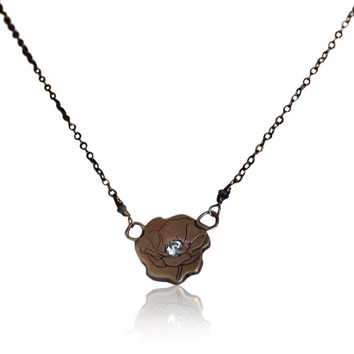 NG6 - "Golden Poppy Passion" 14KT Gold Etched Poppy Necklace w Diamond for wholesale by alison blair studio