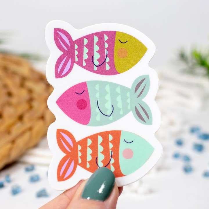 Colorful Fish Trio Vinyl Sticker 3 inch tall for wholesale by Paper Pattern Silk