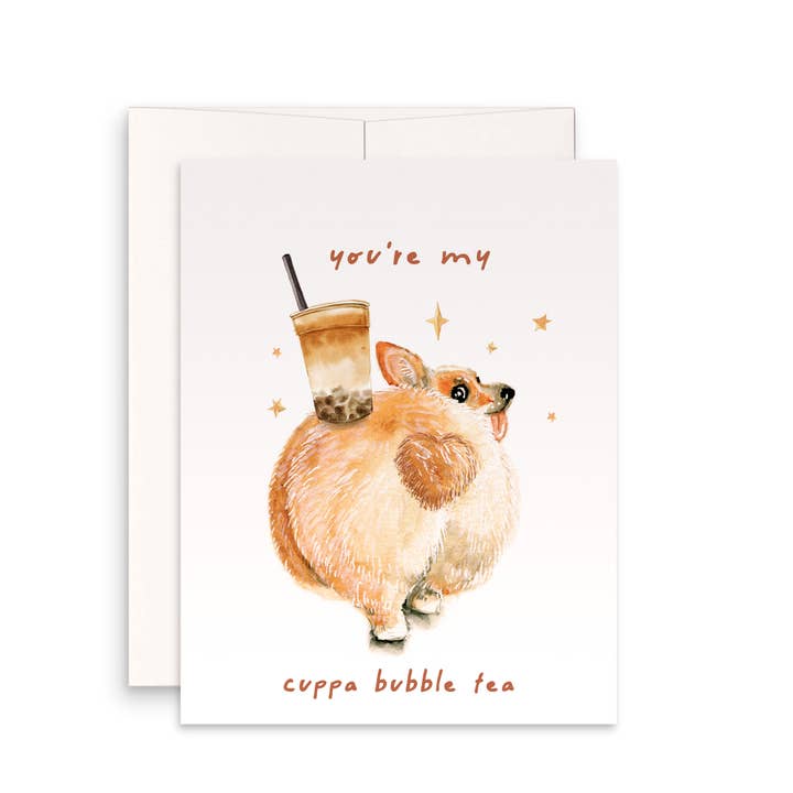 Bubble Tea Corgi Love - Funny Valentines Day Card for wholesale by Liyana Studio