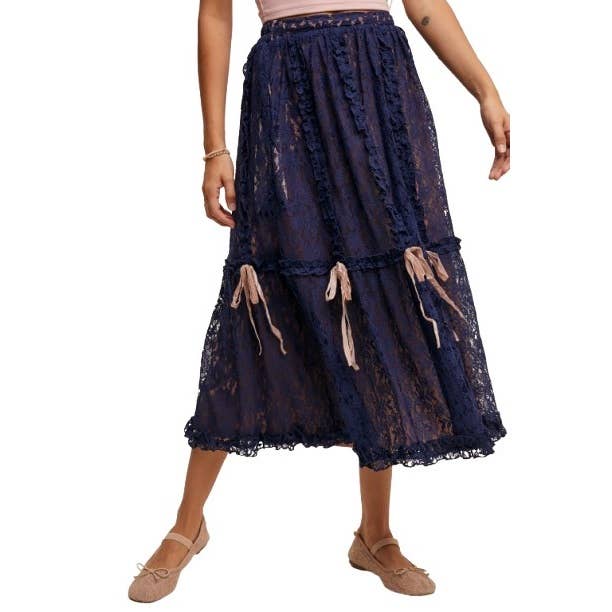 Elegant Lace Midi Skirt with Ribbon Accents and Ruffle Trim for wholesale by Blue Bunny Inc