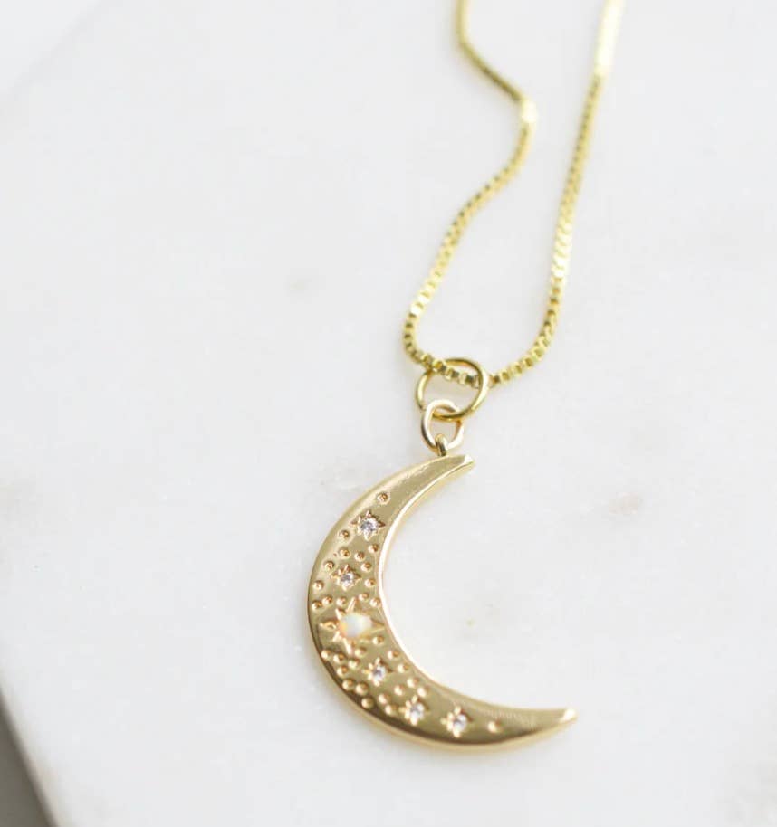 HoopLa - Wholesale Pendant/Charm Necklace - Crescent Moon Opal and Crystal Steel 14K Gold Necklace2