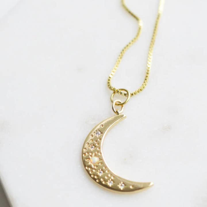 HoopLa - Wholesale Pendant/Charm Necklace - Crescent Moon Opal and Crystal Steel 14K Gold Necklace2