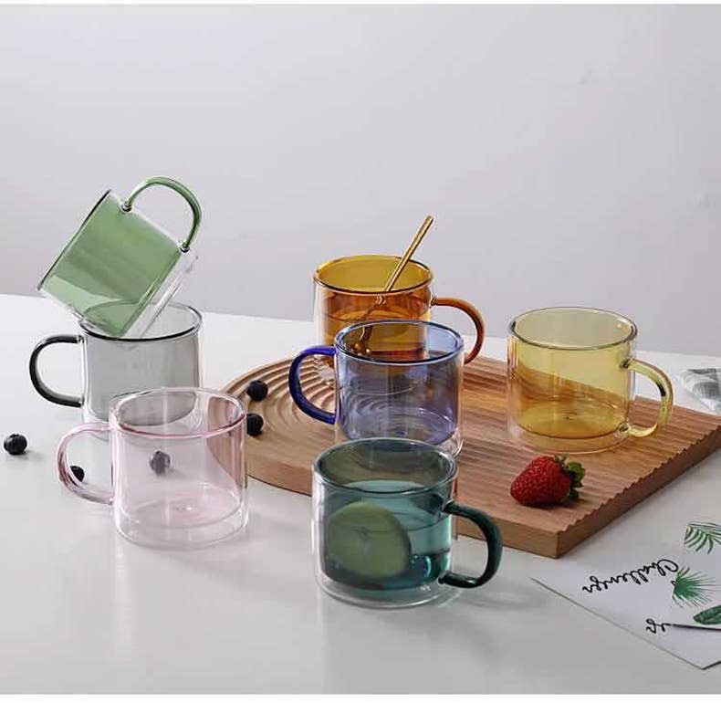 JoyJolt Aroma Double Wall Colored Glass Coffee Mugs - Amber - Set of 4  Coffee Glasses with Handle 13.5 oz 