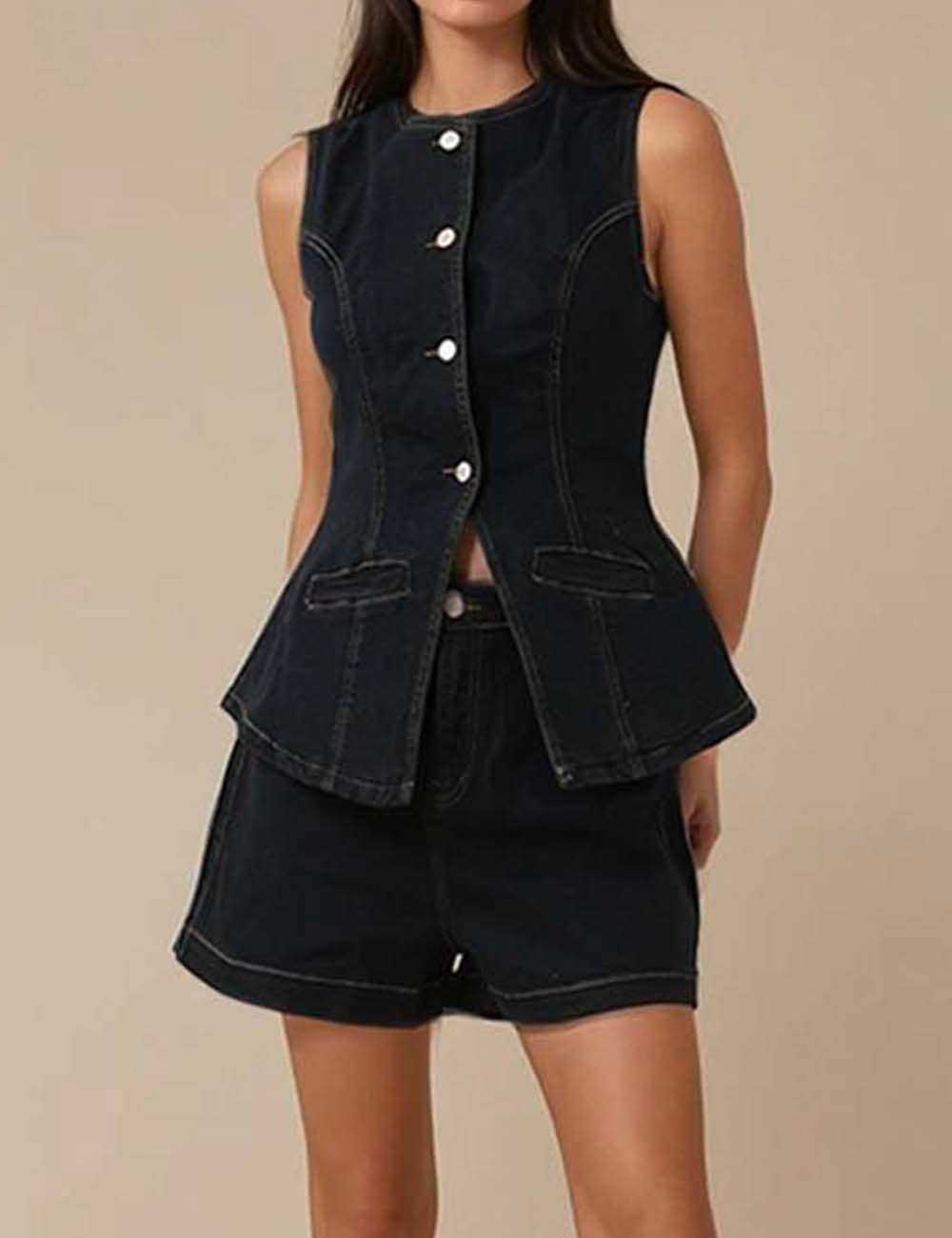 Sweetkama – wholesale Set med topp och shorts – Dam – Damset med ärmlös jeanslinne och shorts16