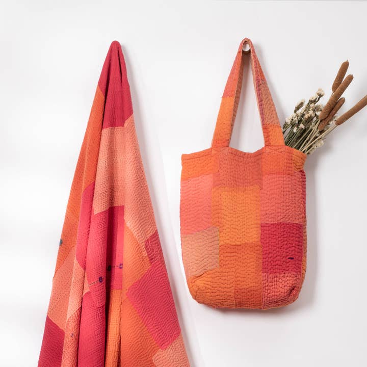 Mosaic Fray Handmade Vintage Kantha Tote Bag- Carrots for wholesale by Maison Mieko
