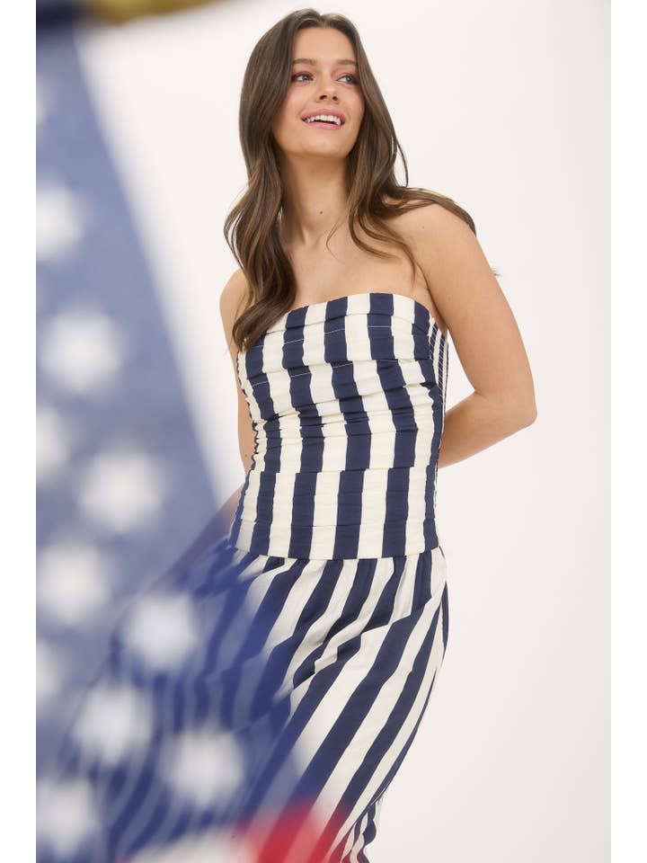 Moon River - Wholesale Dress - Women's - VERTICAL STRIPE STRAPLESS MIDI DRESS