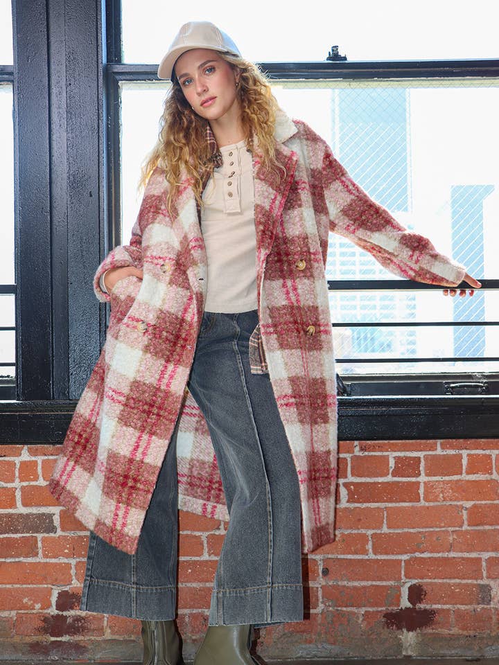 VERY J - Wholesale Coat - Women's - NJ90324-Oversized Plaid Soft Fuzzy Button Down Long Coat