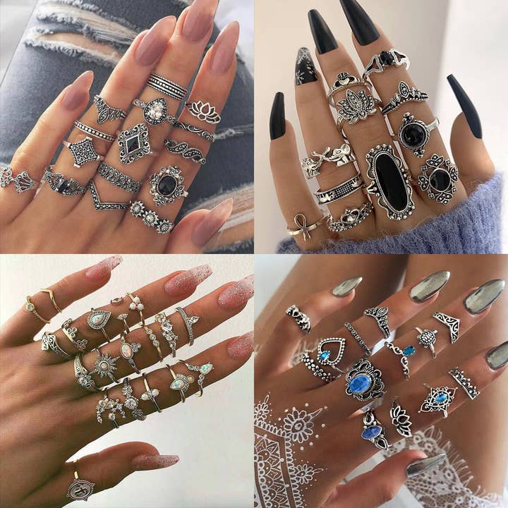 Vintage Geometric Moonstone Ring Set with Sun and Arrow Design for wholesale by DREAM VERA APPAREL