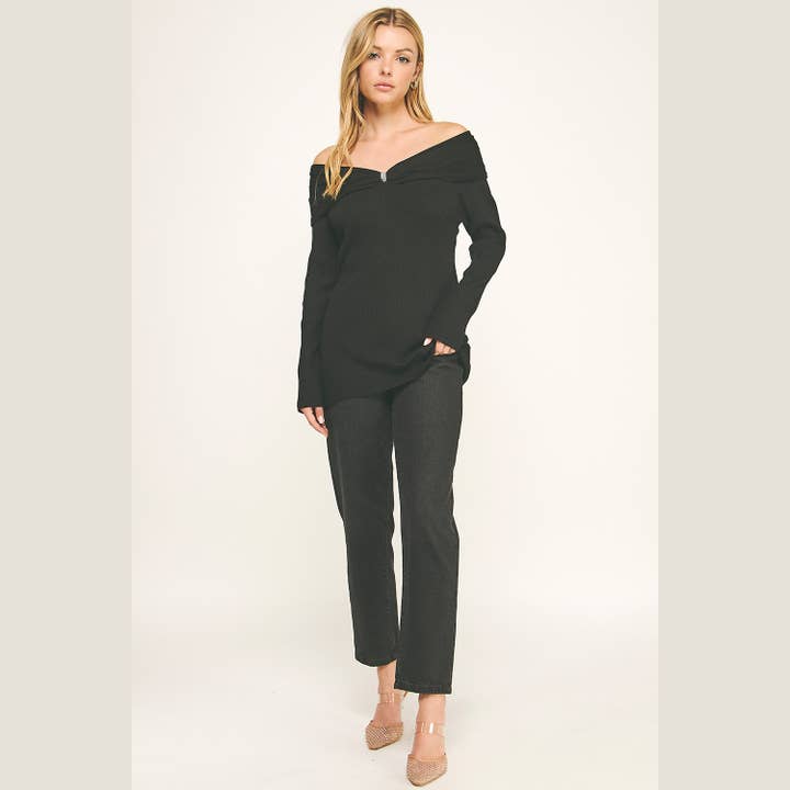 Black GLAM BOW ZIP-OFF SHOULDER BOW RIBBED KNIT TOP for wholesale on Faire7