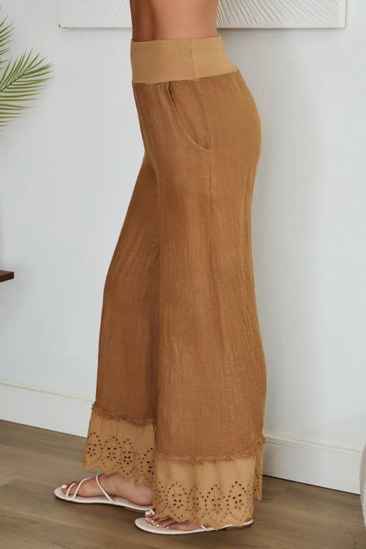 VENTI6 - Wholesale Pants - Women's - EYELET HEM COTTON WIDE LEG LINEN PANTS (19-48)5