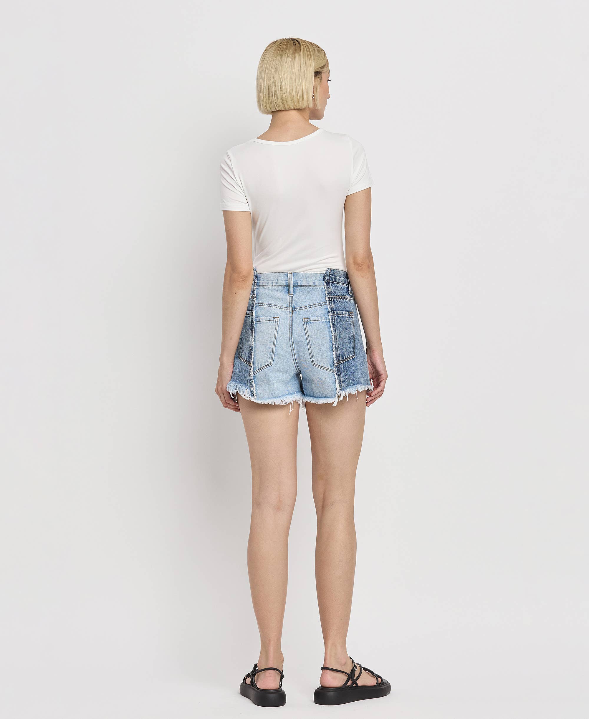 FUTURESTIC HIGH RISE TWO TONE PATCH DENIM SHORTS BY4330 for wholesale on Faire10
