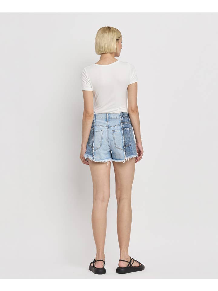 FUTURESTIC HIGH RISE TWO TONE PATCH DENIM SHORTS BY4330 for wholesale on Faire10