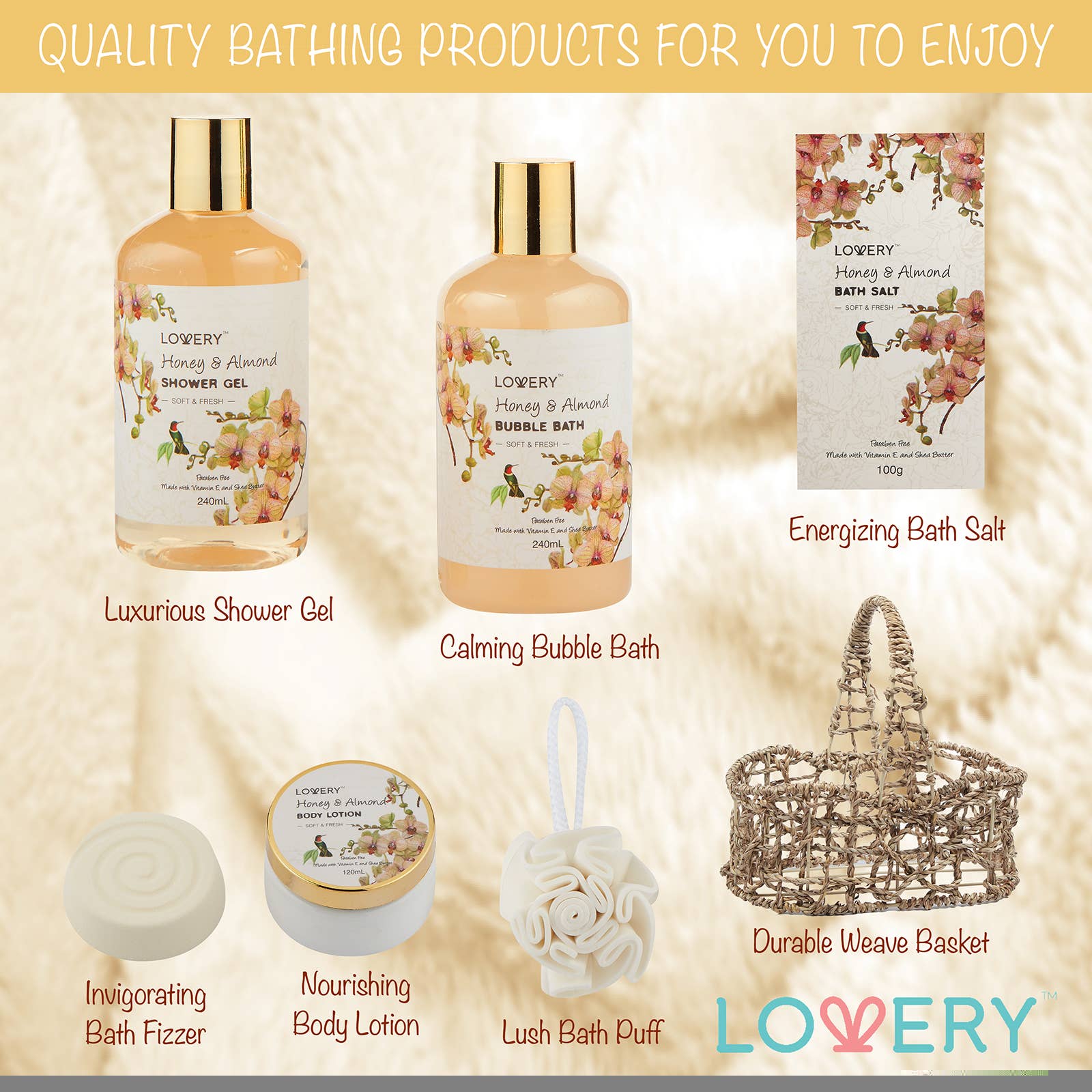 Lovery – wholesale Bath & body set – Home Spa Gift Basket, Honey & Almond Scent, Bath & Body Care3
