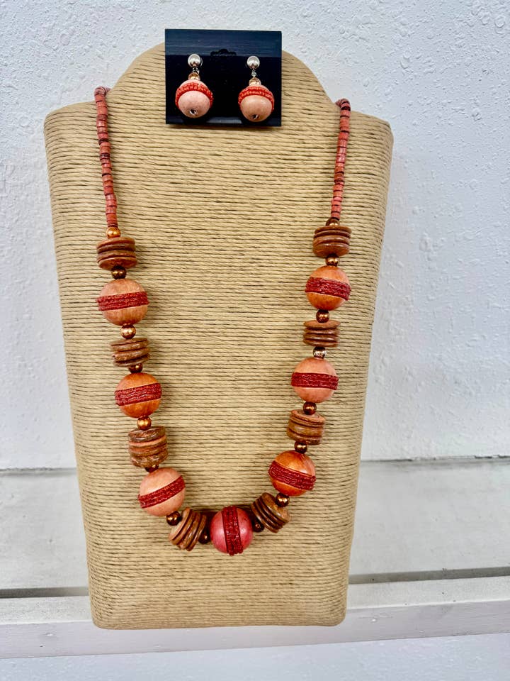 24" SINGLE STRAND LIGHT CORAL WOOD BALL SHAPE NECKLACE SET for wholesale by International Duru's