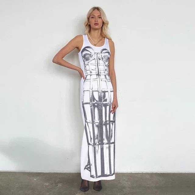 White Sexy Graffiti Print Dress Women Casual Stretch Summer Trend Hipster Maxi Bodycon Streetwear Vintage Skinny Vestidos for wholesale on Faire1