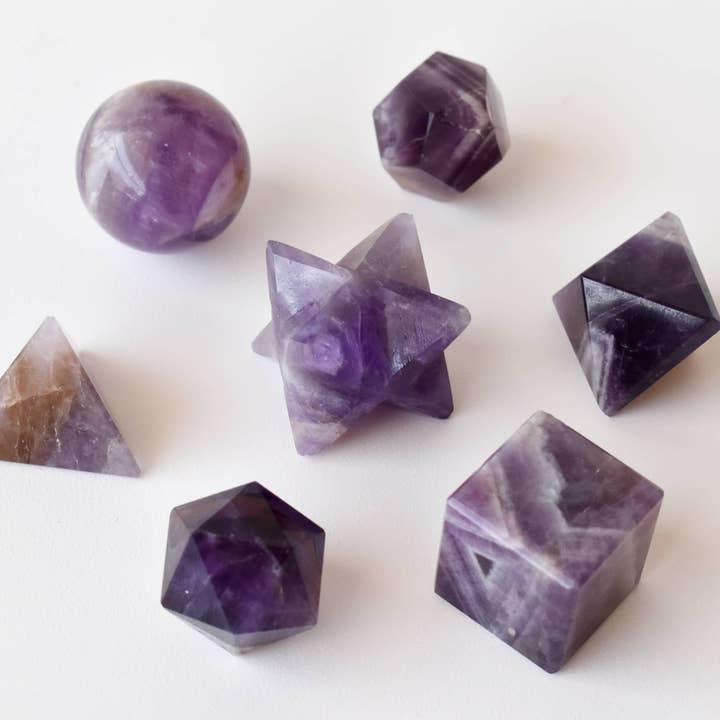 7pcs Amethyst Platonic Solid Sacred Geometric Crystal Set for wholesale by Soothing Crystals