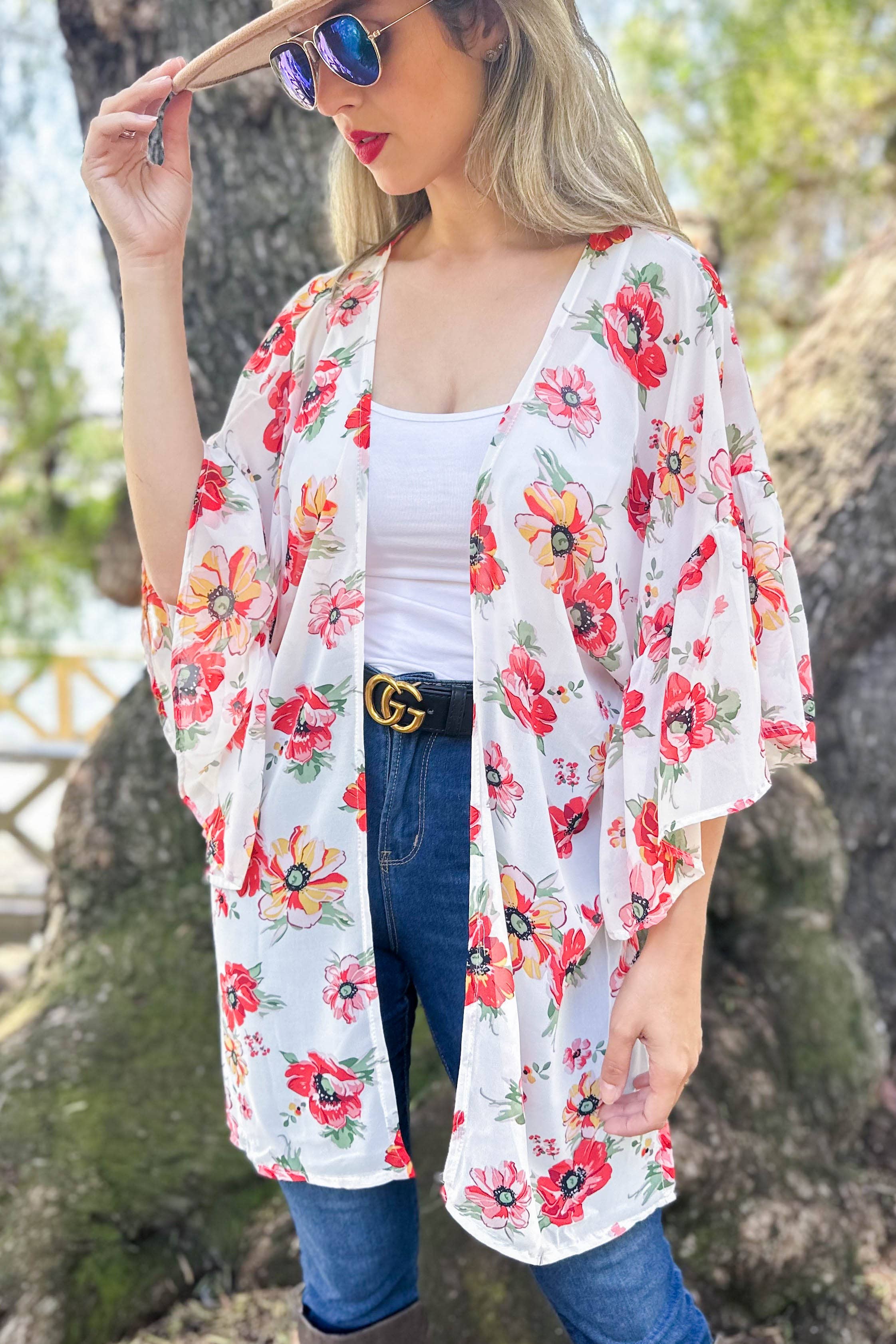 AMOLI – wholesale Kimono – Women's – Floral Printed Ruffled Sleeve Chiffon Kimono Cover-Up3