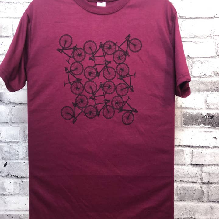 Bike Mandala Graphic - Zwarte afbeelding op Heather Maroon voor wholesale door Dutch Bike Printing Co.