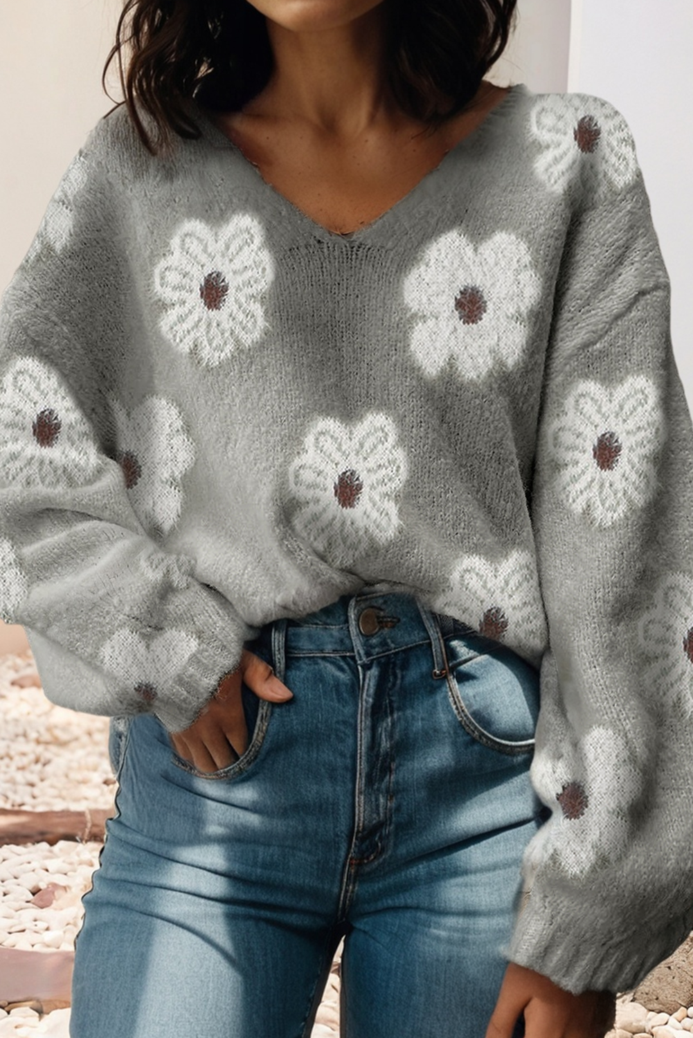 Gray  LDC Cute Flower Print V Neck Drop Shoulder Baggy Sweater for wholesale on Faire0
